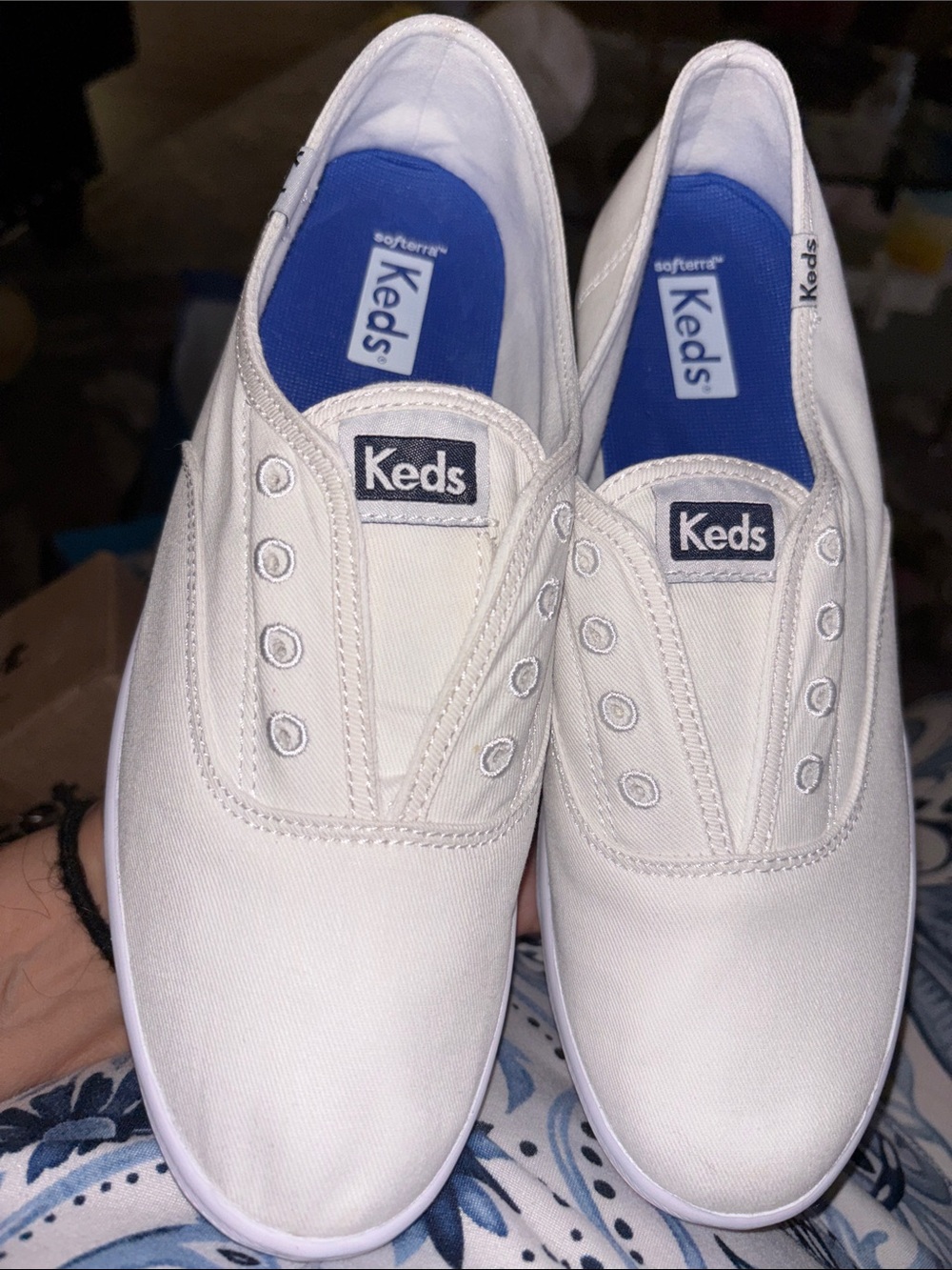 Keds White Slip-On Canvas Sneakers with Blue Insole size 7.5